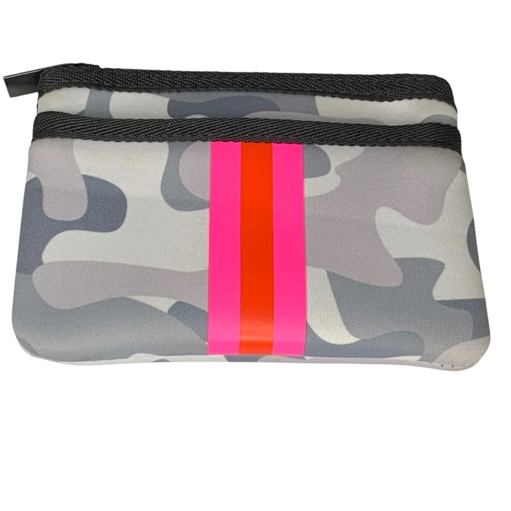 Haute Shore neoprene card keychain‎ case in gray camo and neon pink.